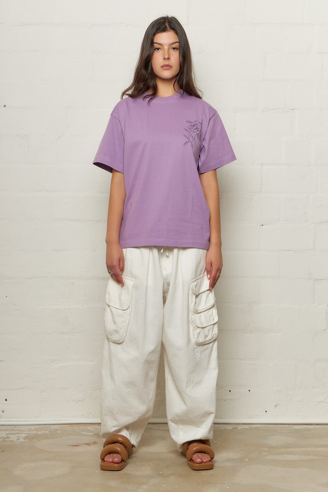 Story Mfg. Grateful Tee Lilac Vine -Story Mfg. Forager Pants Ecru